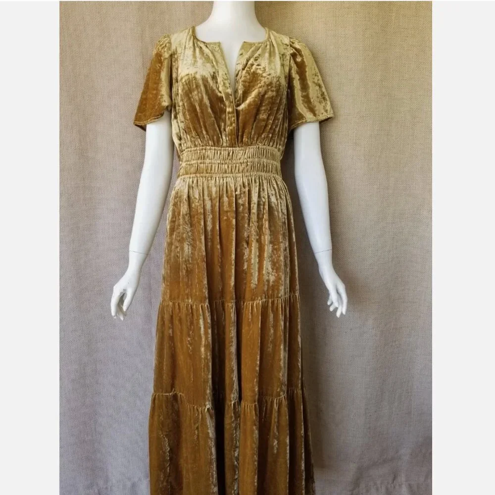 Anthropologie Gold Velvet Maxi Dress - Picture 3 of 11